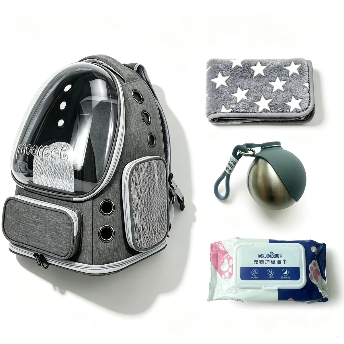 A gray pet carrier backpack with a clear bubble window, shown alongside a gray star-patterned pet blanket, a gray stainless steel kettle, and a package of pet wipes on a white background.